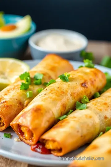 Crispy Chicken Chimichangas with Creamy Avocado Sauce presentation